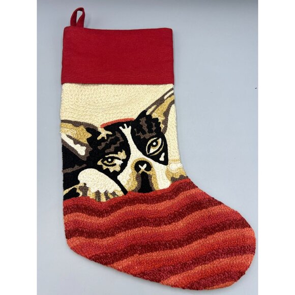 Pottery Barn Other - Pottery Barn Christmas Stocking Bulldog Boston Terrier Crewel 15" Red & Cream